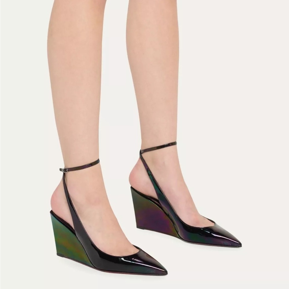 CHRISTIAN LOUBOUTIN Condorage Iridescent Patent Wedge Ankle Strap Pumps EU 38.5